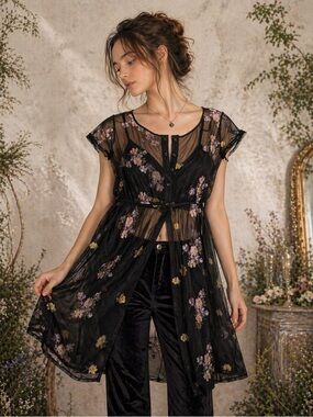 Dark Fairy Whimsigoth Floral Sheer Whimsical Festival Dress  Small
